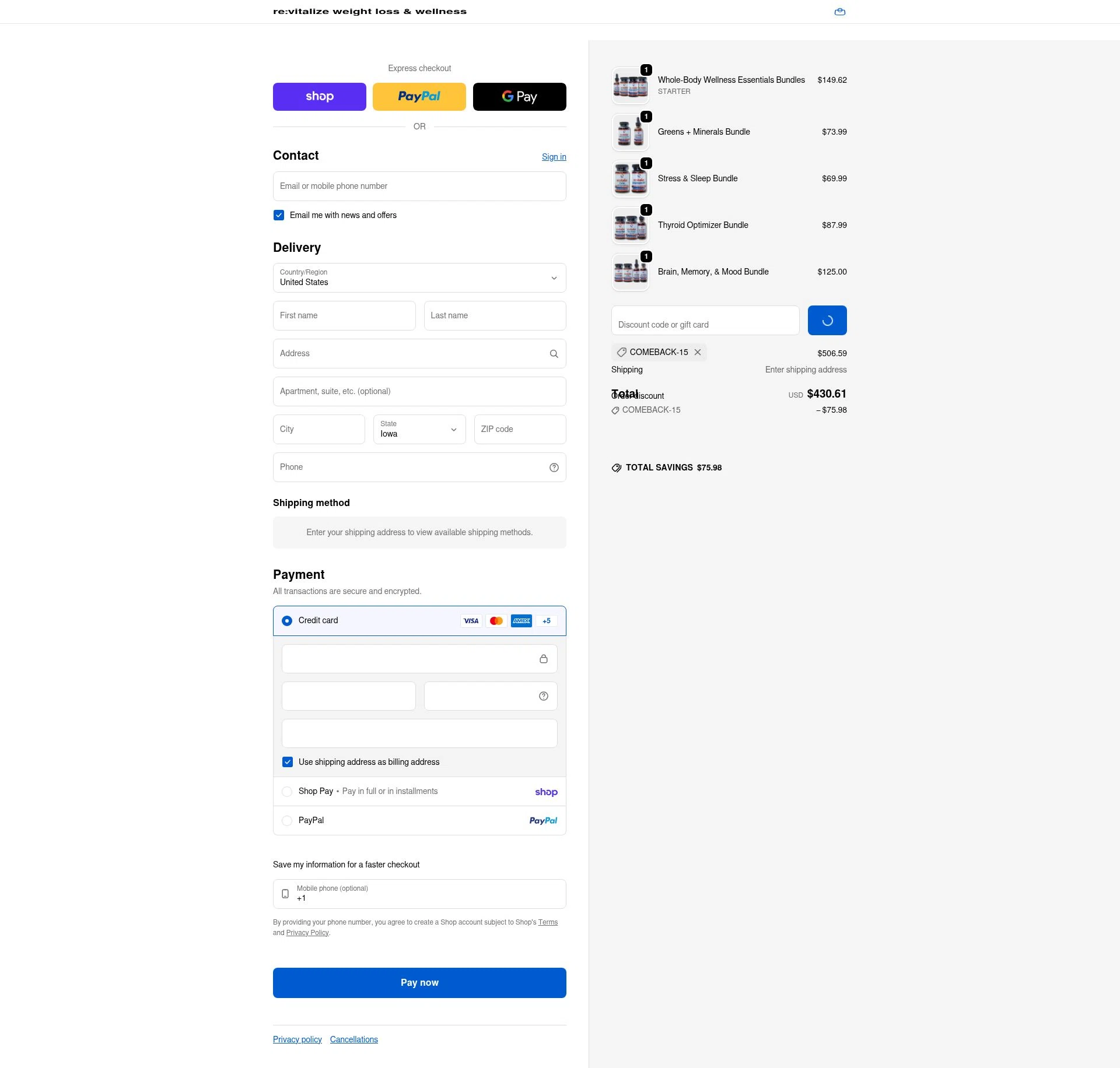 re:vitalize Shop checkout page showing re:vitalize Shop promo code box | Screenshot taken by SimplyCodes community member on Feb 3, 2026