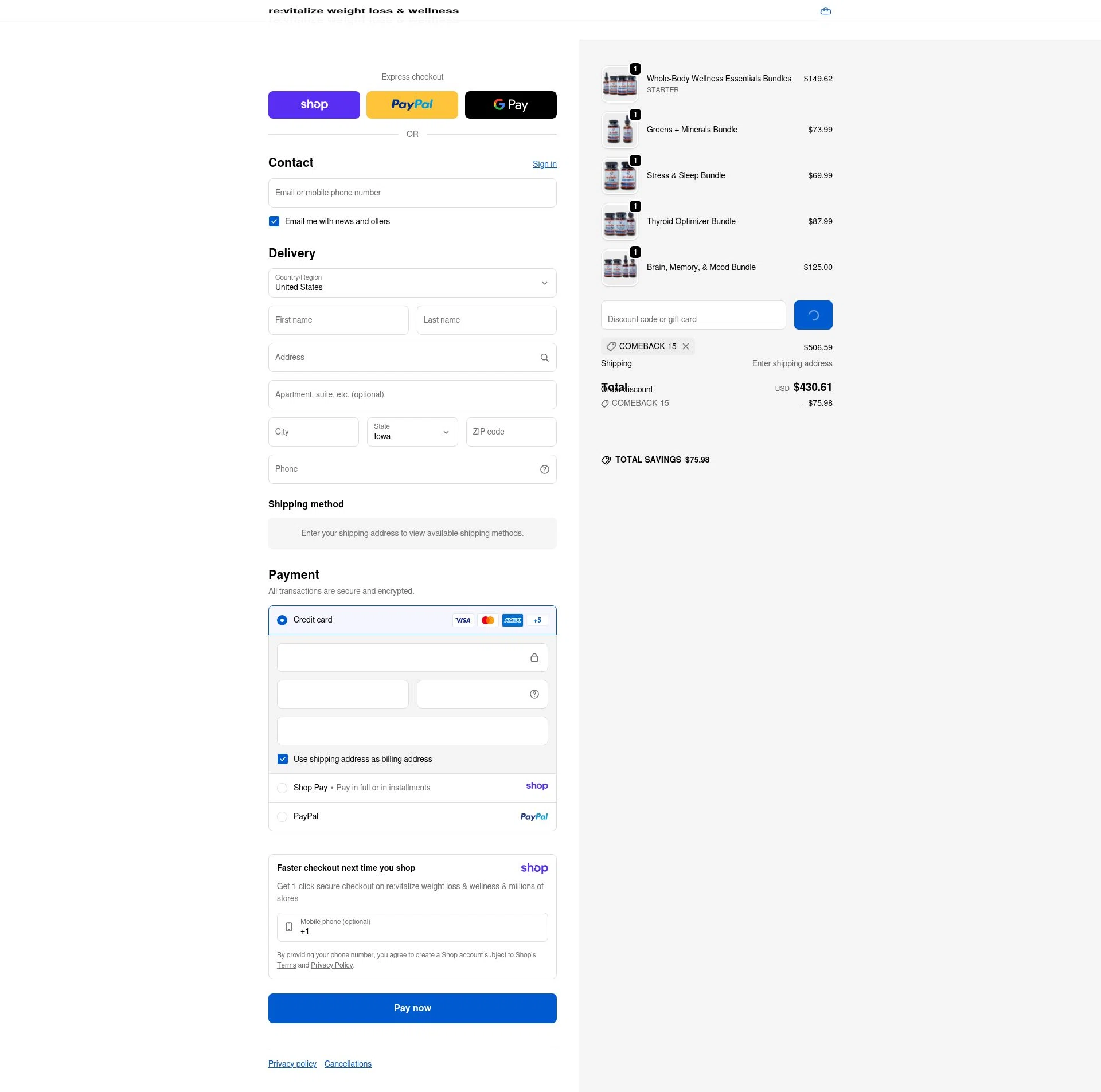 re:vitalize Shop checkout page showing re:vitalize Shop promo code box | Screenshot taken by SimplyCodes community member on Jan 20, 2026