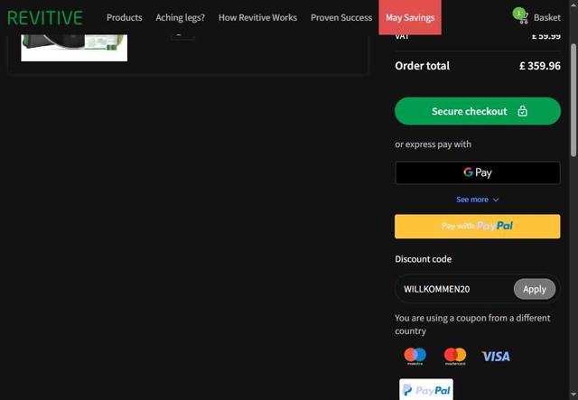 Revitive checkout page showing Revitive promo code box | Screenshot taken by SimplyCodes community member on May 8, 2025