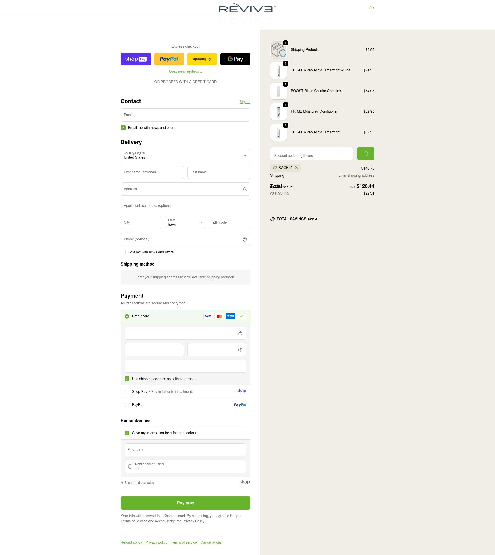 Reviv3 Procare checkout page showing Reviv3 Procare promo code box | Screenshot taken by SimplyCodes community member on Jan 6, 2026