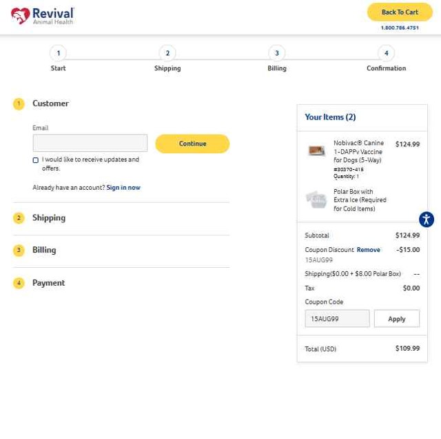 Revival Animal Health checkout page showing Revival Animal Health coupon code box | Screenshot taken by SimplyCodes community member on Aug 4, 2025