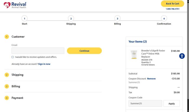 Revival Animal Health checkout page showing Revival Animal Health coupon code box | Screenshot taken by SimplyCodes community member on Aug 27, 2025
