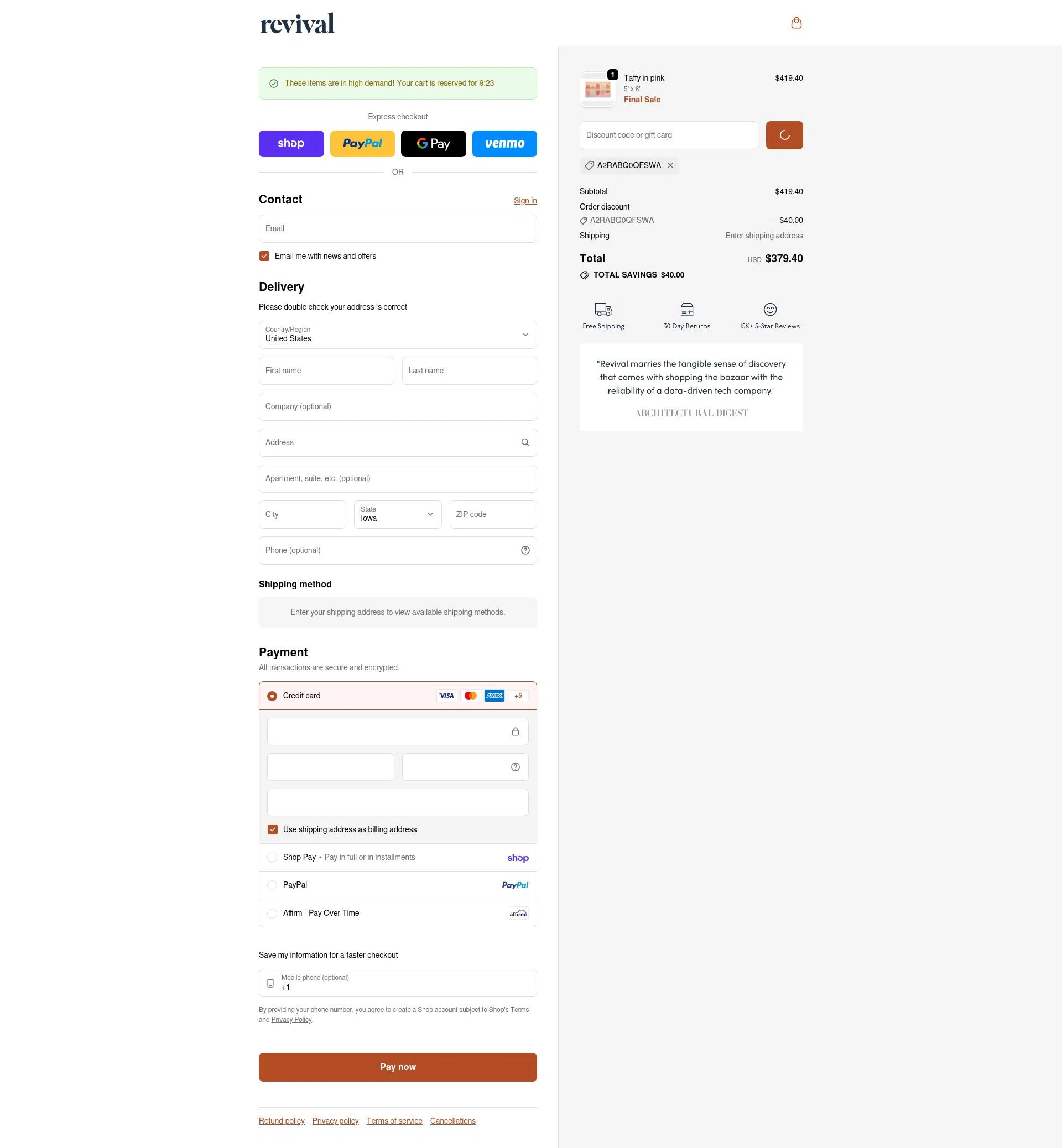 Revival Rugs checkout page showing Revival Rugs discount code box | Screenshot taken by SimplyCodes community member on Feb 2, 2026