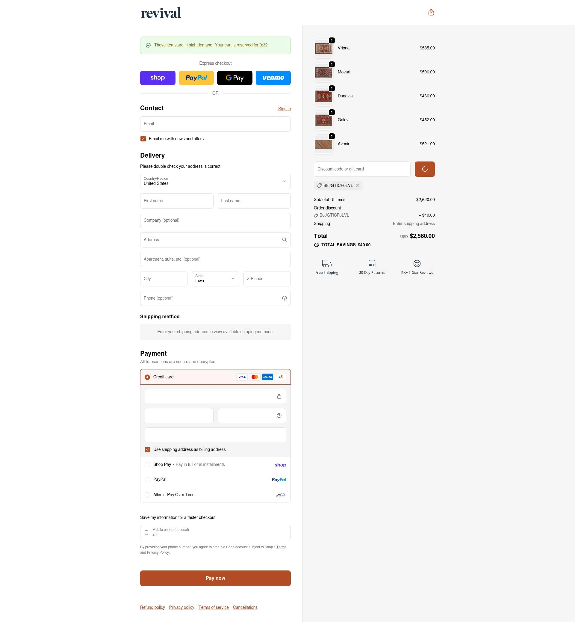 Revival Rugs checkout page showing Revival Rugs discount code box | Screenshot taken by SimplyCodes community member on Feb 6, 2026