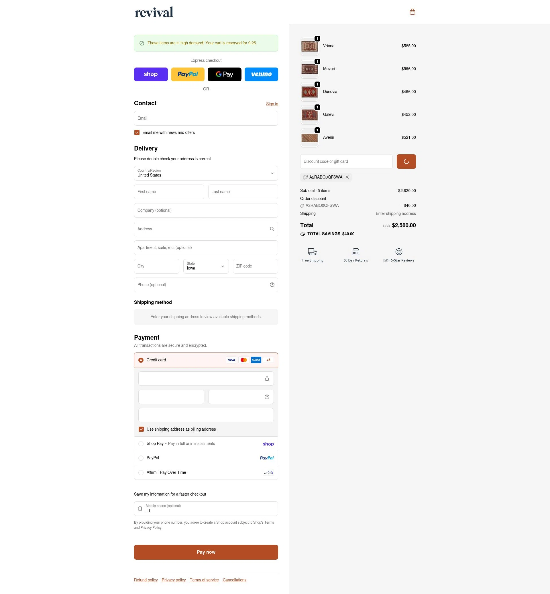 Revival Rugs checkout page showing Revival Rugs discount code box | Screenshot taken by SimplyCodes community member on Feb 6, 2026
