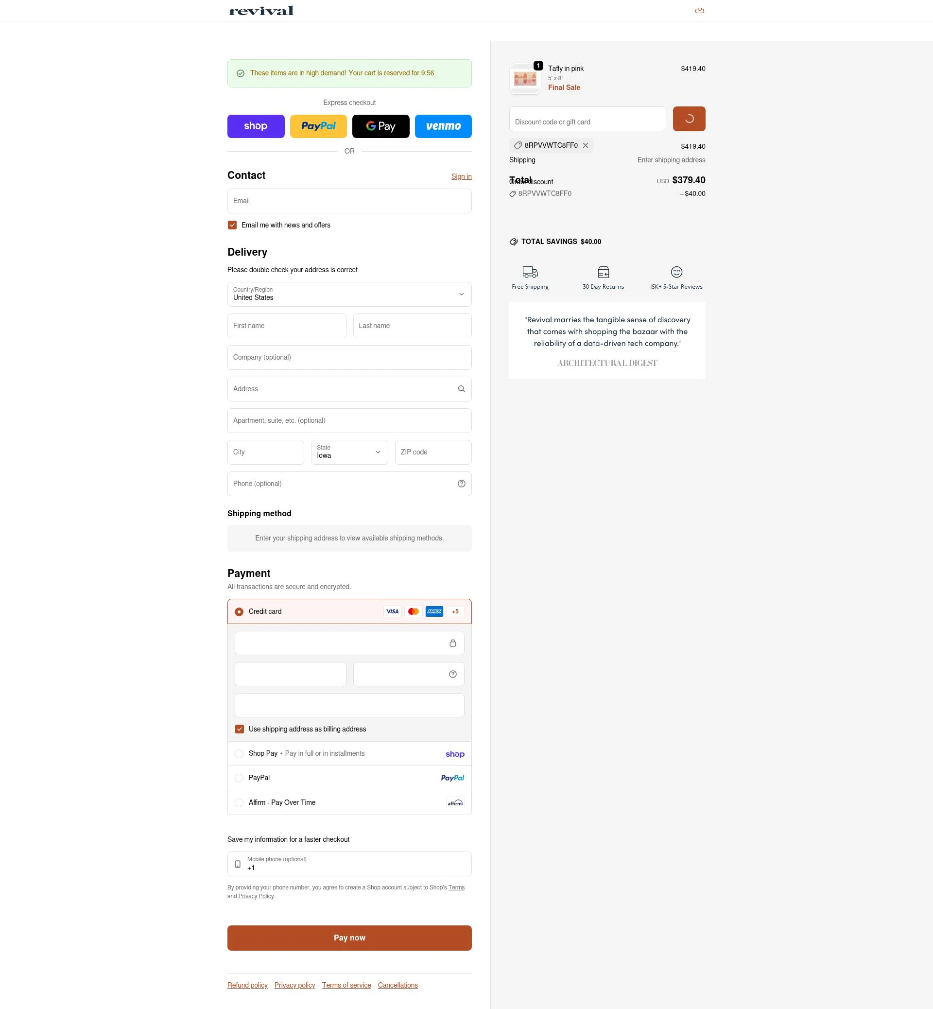 Revival Rugs checkout page showing Revival Rugs discount code box | Screenshot taken by SimplyCodes community member on Feb 2, 2026