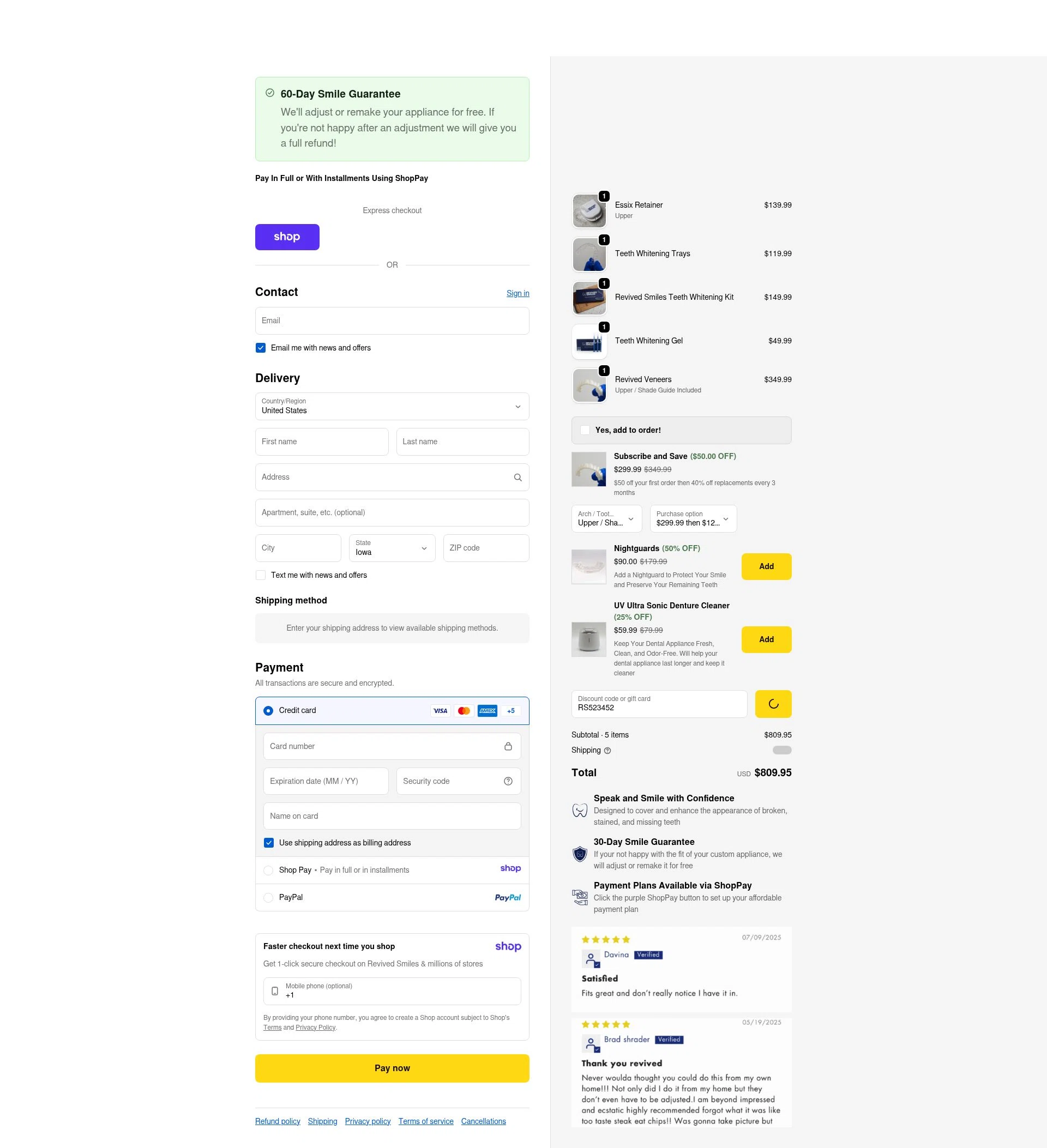 Revived Smiles checkout page showing Revived Smiles discount code box | Screenshot taken by SimplyCodes community member on Jan 11, 2026