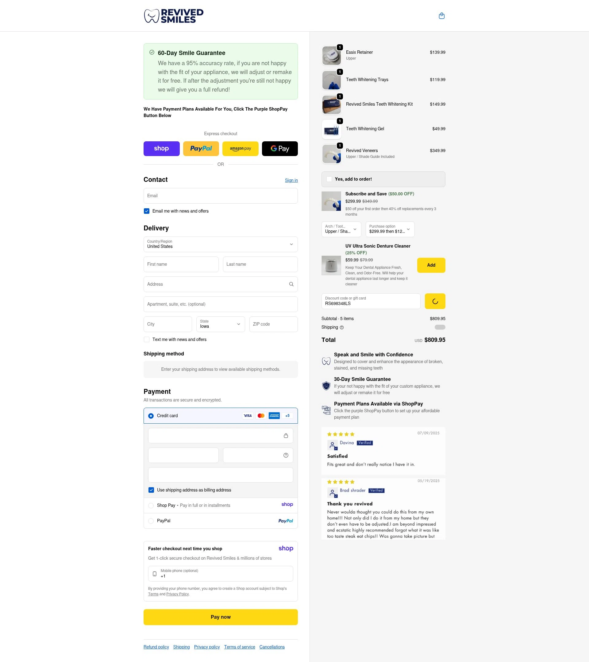 Revived Smiles checkout page showing Revived Smiles discount code box | Screenshot taken by SimplyCodes community member on Jan 11, 2026