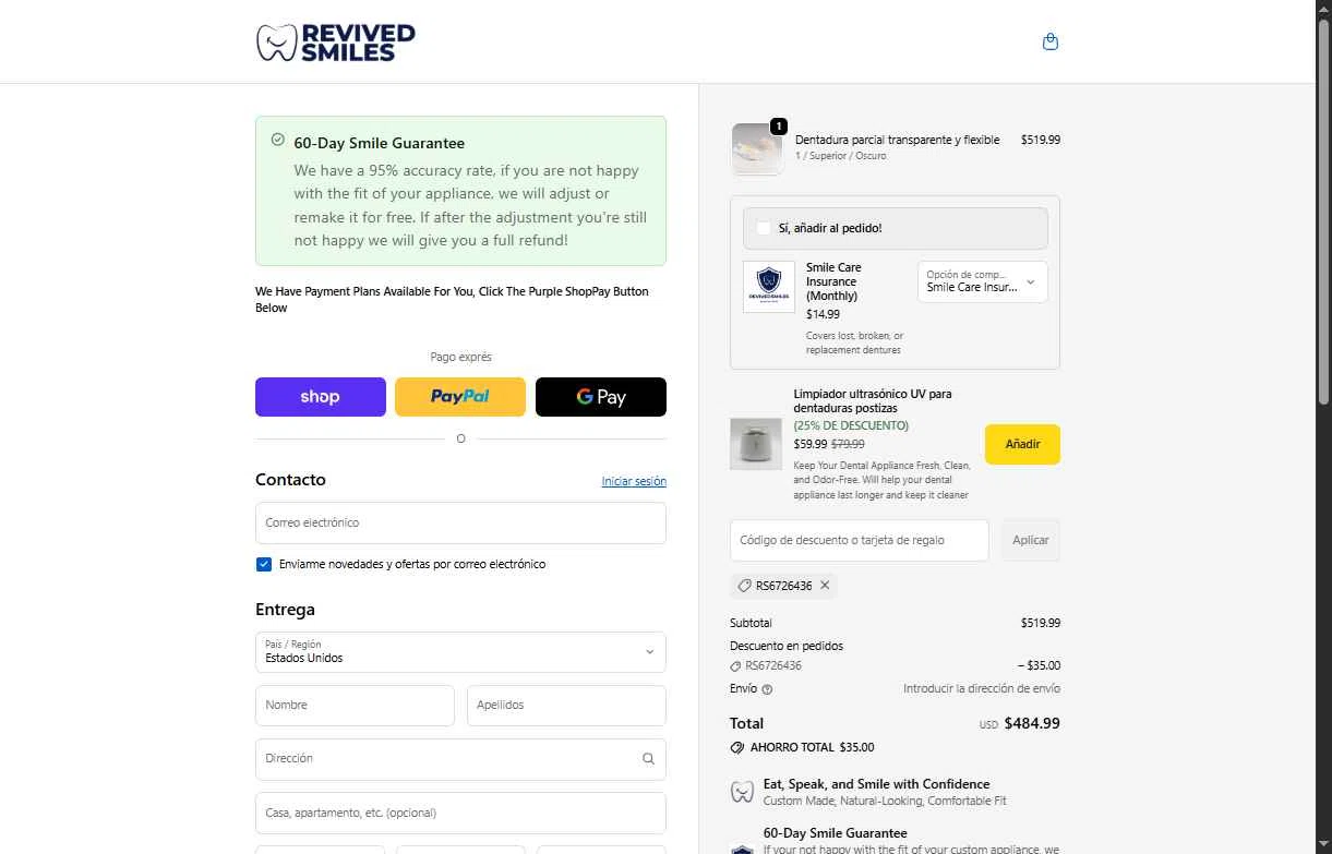 Revived Smiles checkout page showing Revived Smiles discount code box | Screenshot taken by SimplyCodes community member on Jan 11, 2026