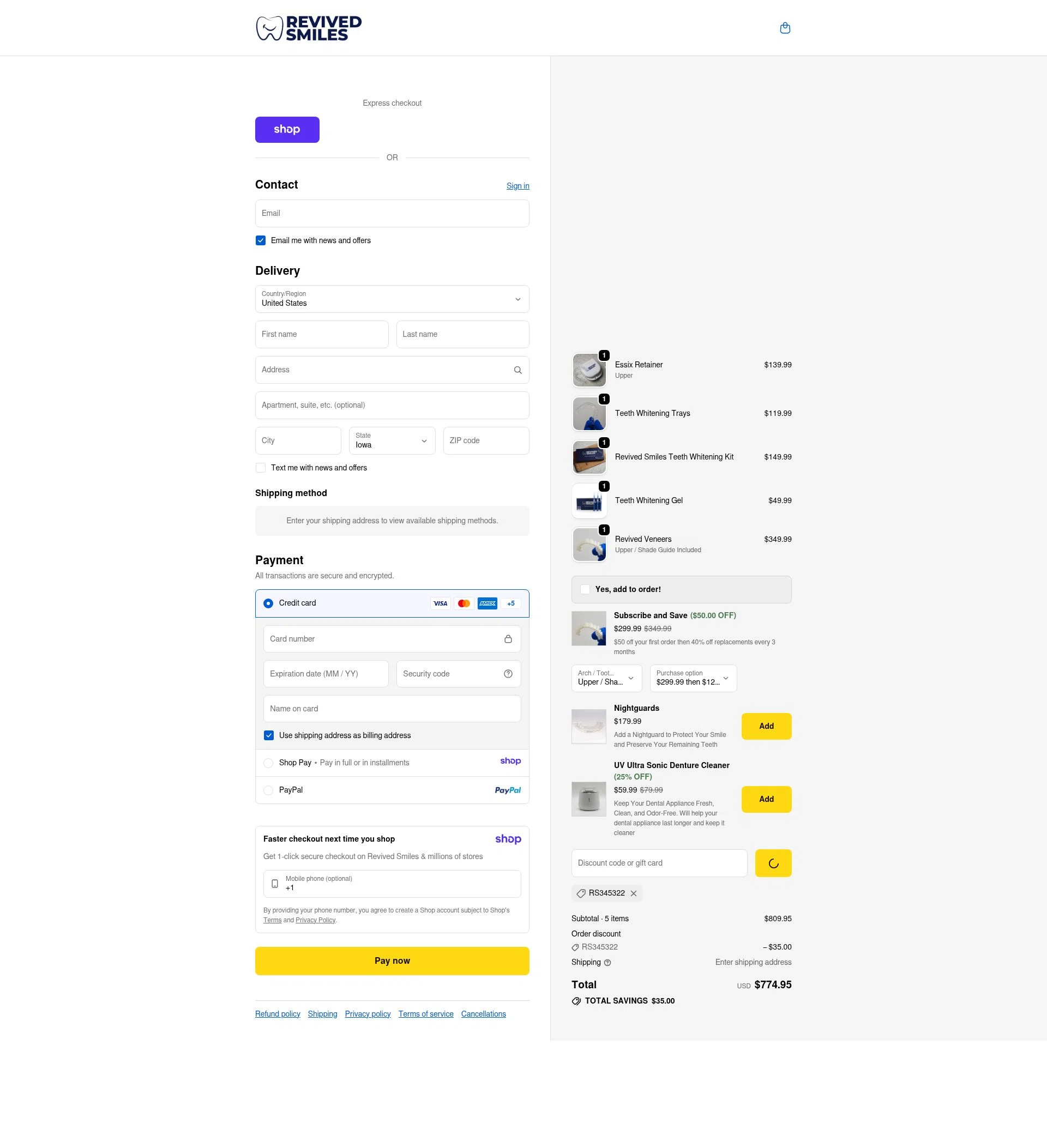Revived Smiles checkout page showing Revived Smiles discount code box | Screenshot taken by SimplyCodes community member on Jan 11, 2026