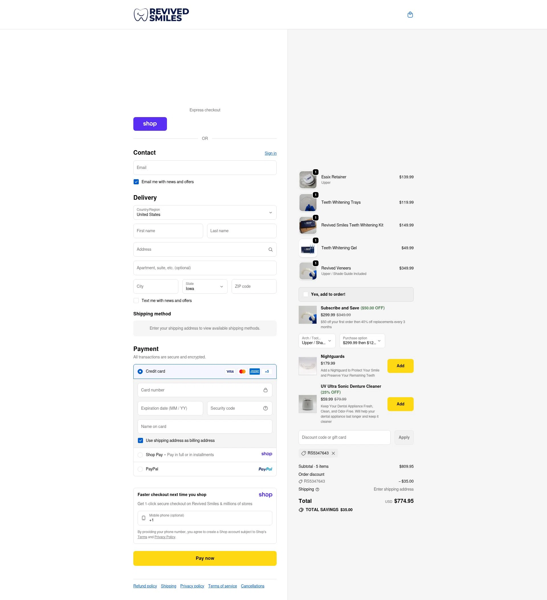 Revived Smiles checkout page showing Revived Smiles discount code box | Screenshot taken by SimplyCodes community member on Jan 11, 2026