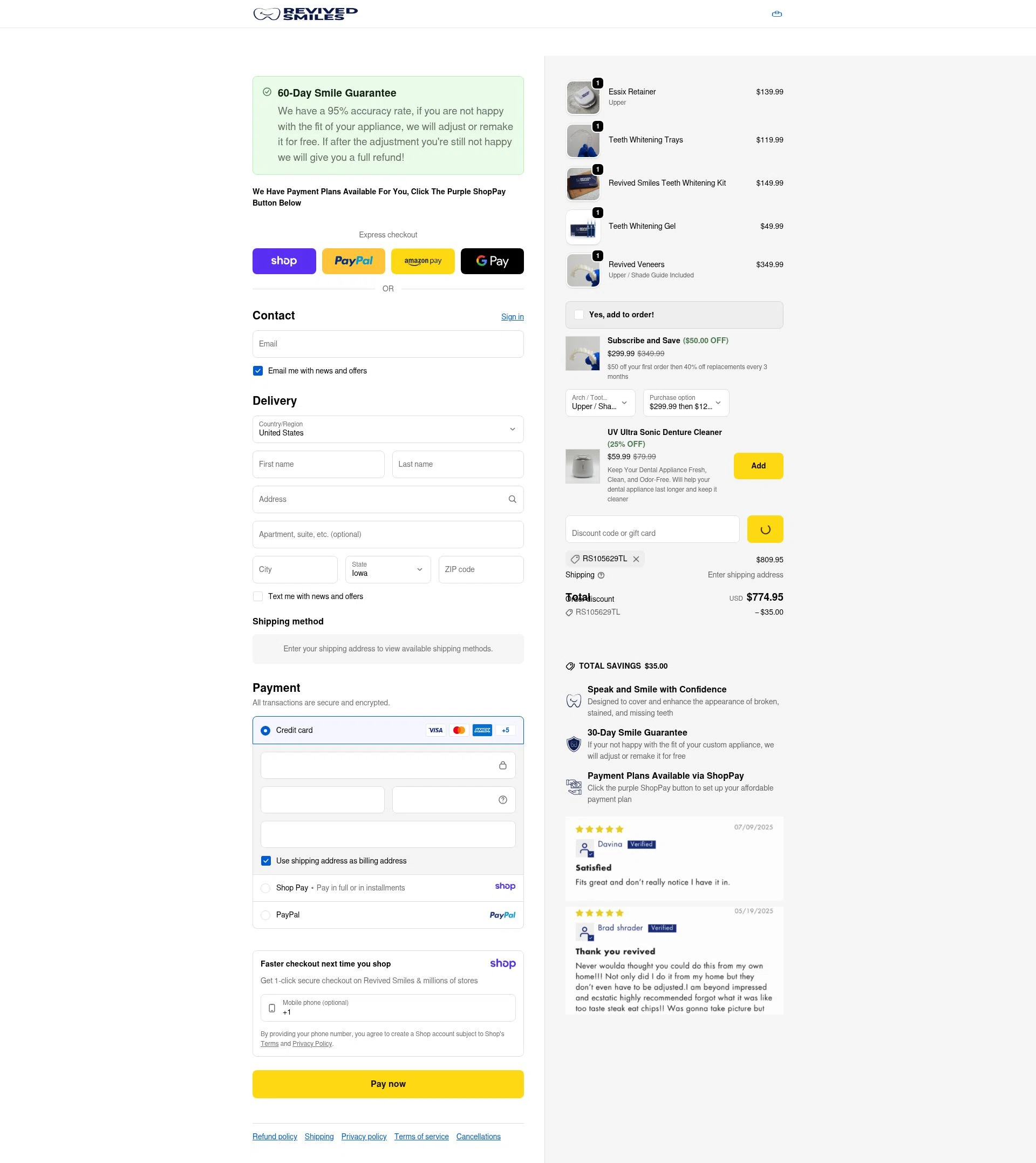 Revived Smiles checkout page showing Revived Smiles discount code box | Screenshot taken by SimplyCodes community member on Jan 11, 2026