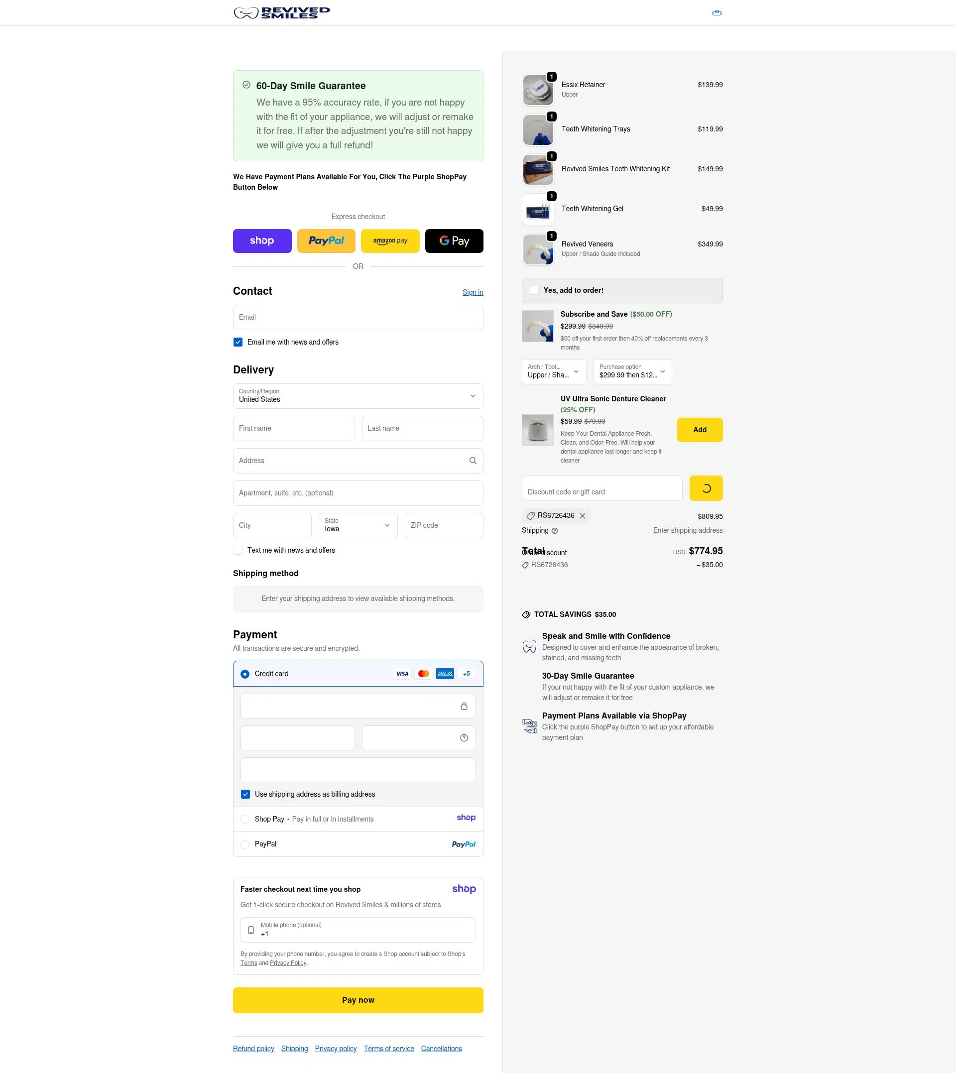 Revived Smiles checkout page showing Revived Smiles discount code box | Screenshot taken by SimplyCodes community member on Jan 11, 2026