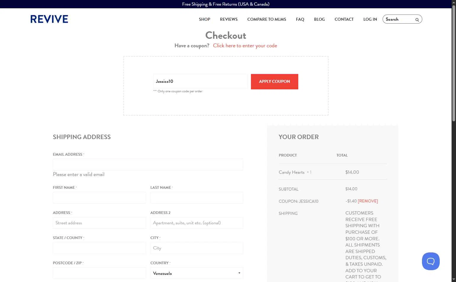 Revive EO checkout page showing Revive EO coupon code box | Screenshot taken by SimplyCodes community member on Feb 13, 2026
