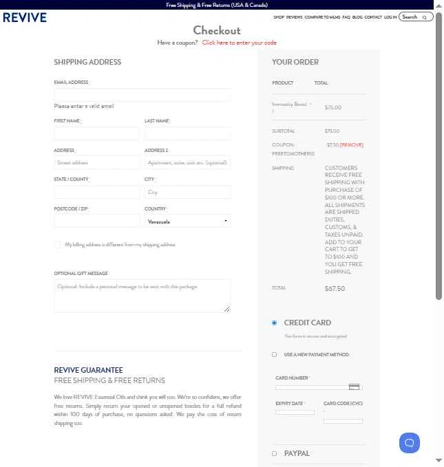 Revive EO checkout page showing Revive EO coupon code box | Screenshot taken by SimplyCodes community member on Feb 7, 2026