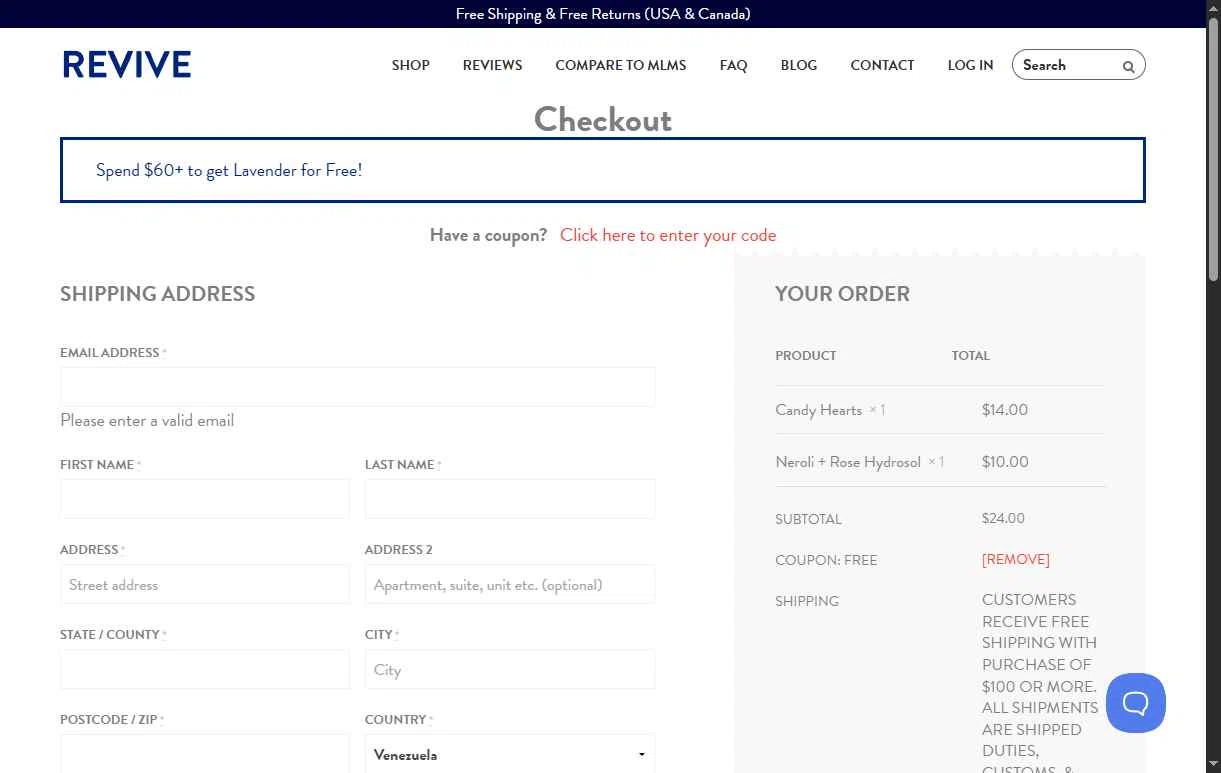 Revive EO checkout page showing Revive EO coupon code box | Screenshot taken by SimplyCodes community member on Feb 13, 2026