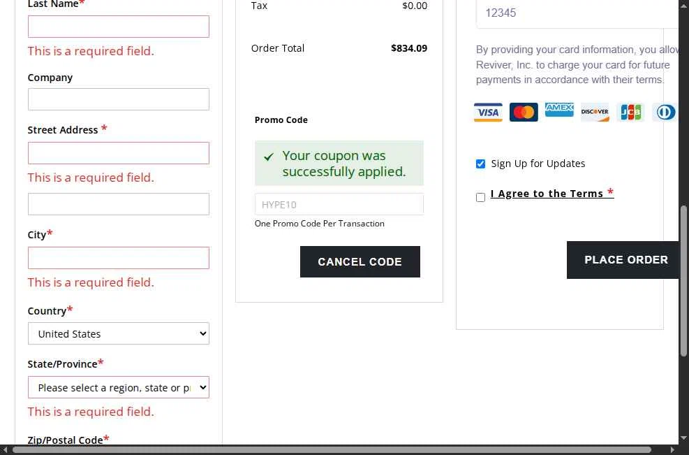 Reviver checkout page showing Reviver discount code box | Screenshot taken by SimplyCodes community member on May 2, 2025