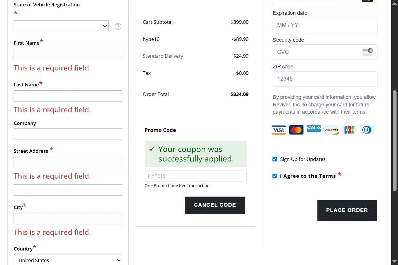 Reviver checkout page showing Reviver discount code box | Screenshot taken by SimplyCodes community member on May 2, 2025