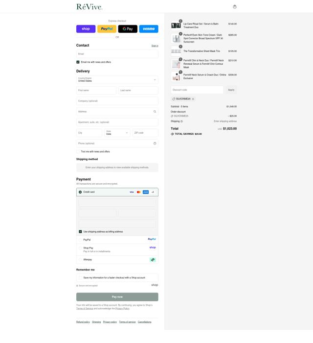 ReVive Skincare checkout page showing ReVive Skincare promo code box | Screenshot taken by SimplyCodes community member on Sep 13, 2025