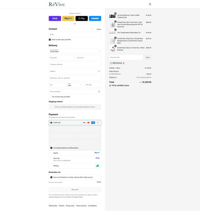 ReVive Skincare checkout page showing ReVive Skincare promo code box | Screenshot taken by SimplyCodes community member on Sep 13, 2025