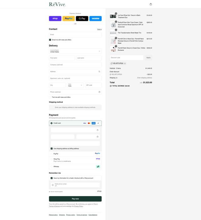 ReVive Skincare checkout page showing ReVive Skincare promo code box | Screenshot taken by SimplyCodes community member on Sep 13, 2025