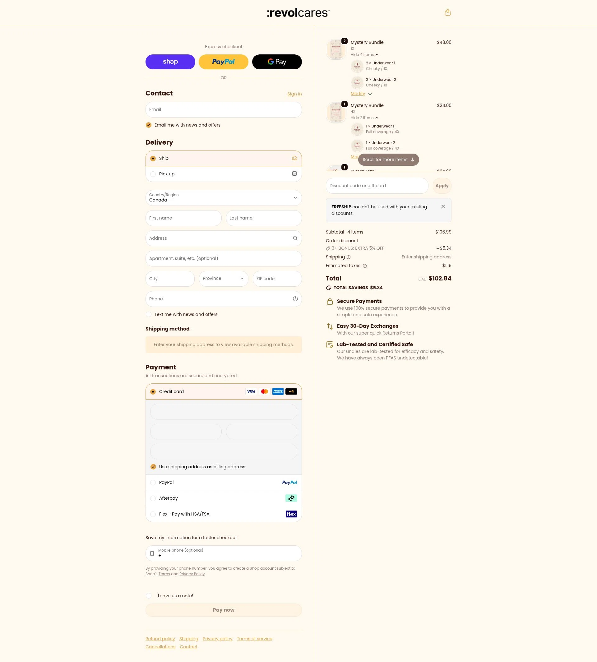 Revol Cares checkout page showing Revol Cares discount code box | Screenshot taken by SimplyCodes community member on Feb 19, 2026