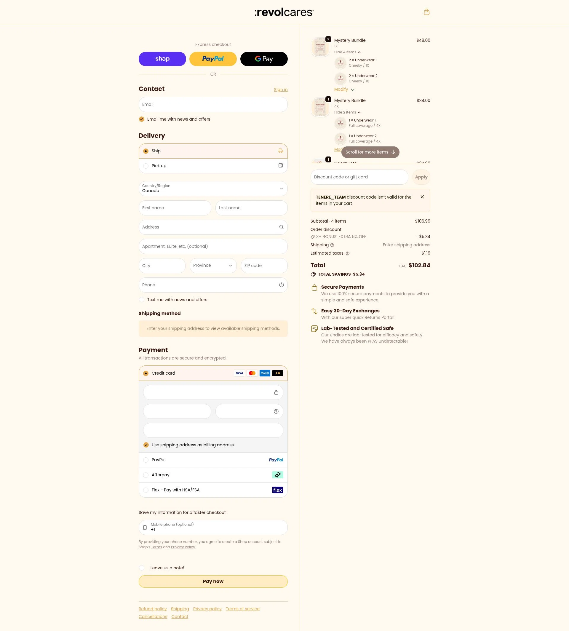 Revol Cares checkout page showing Revol Cares discount code box | Screenshot taken by SimplyCodes community member on Feb 19, 2026