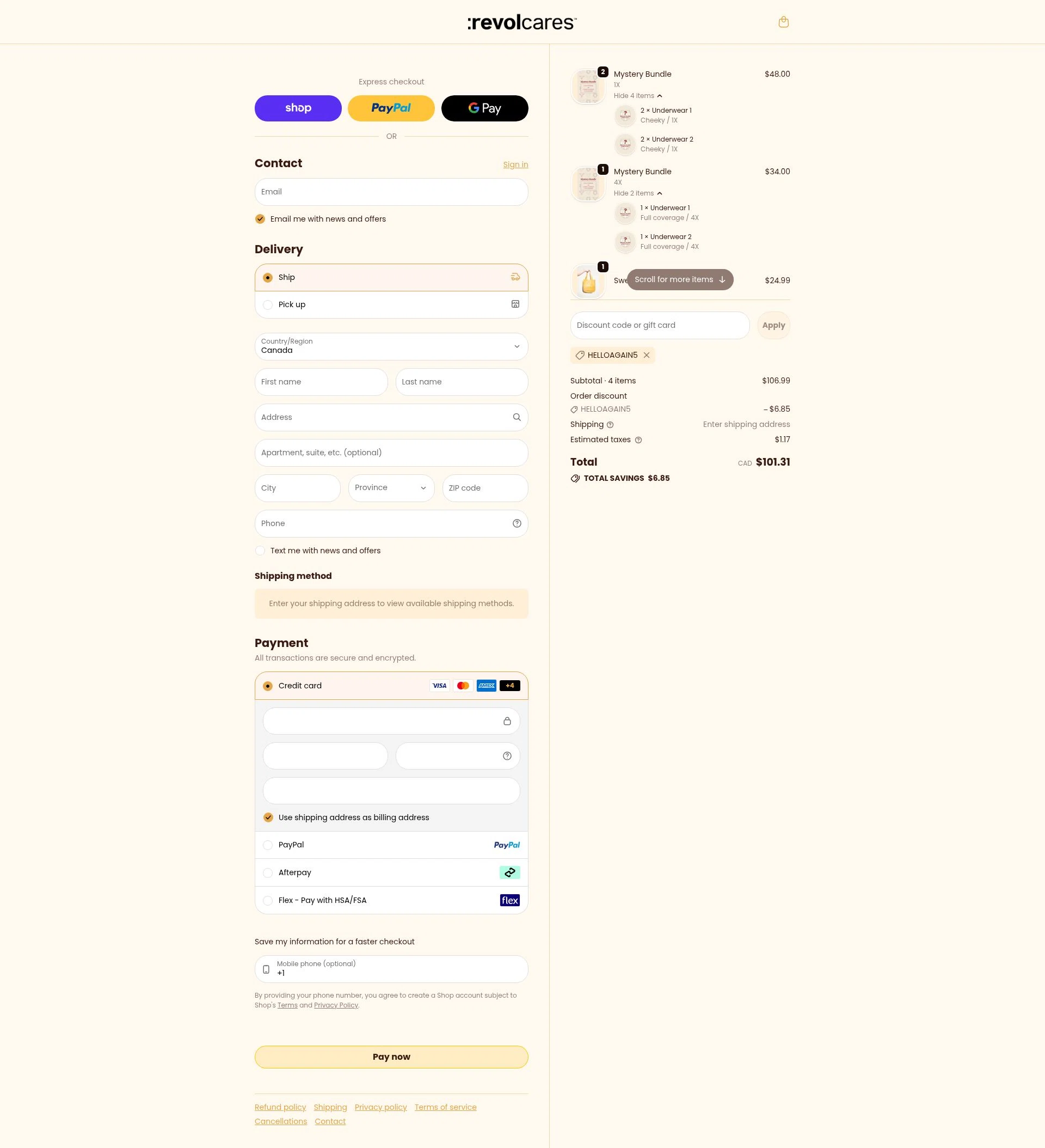 Revol Cares checkout page showing Revol Cares discount code box | Screenshot taken by SimplyCodes community member on Feb 19, 2026