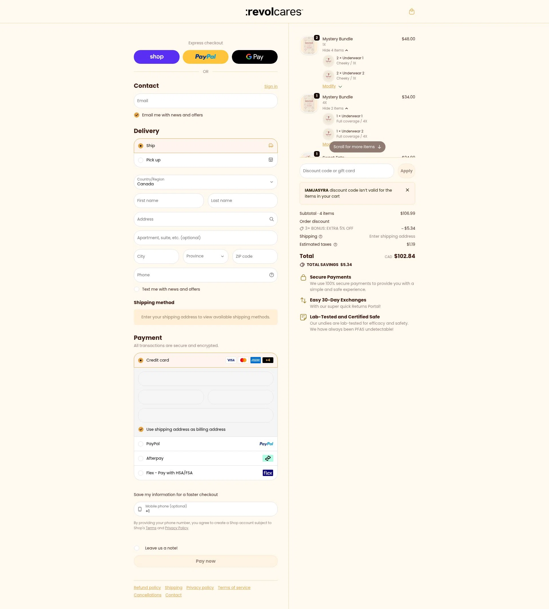 Revol Cares checkout page showing Revol Cares discount code box | Screenshot taken by SimplyCodes community member on Feb 19, 2026