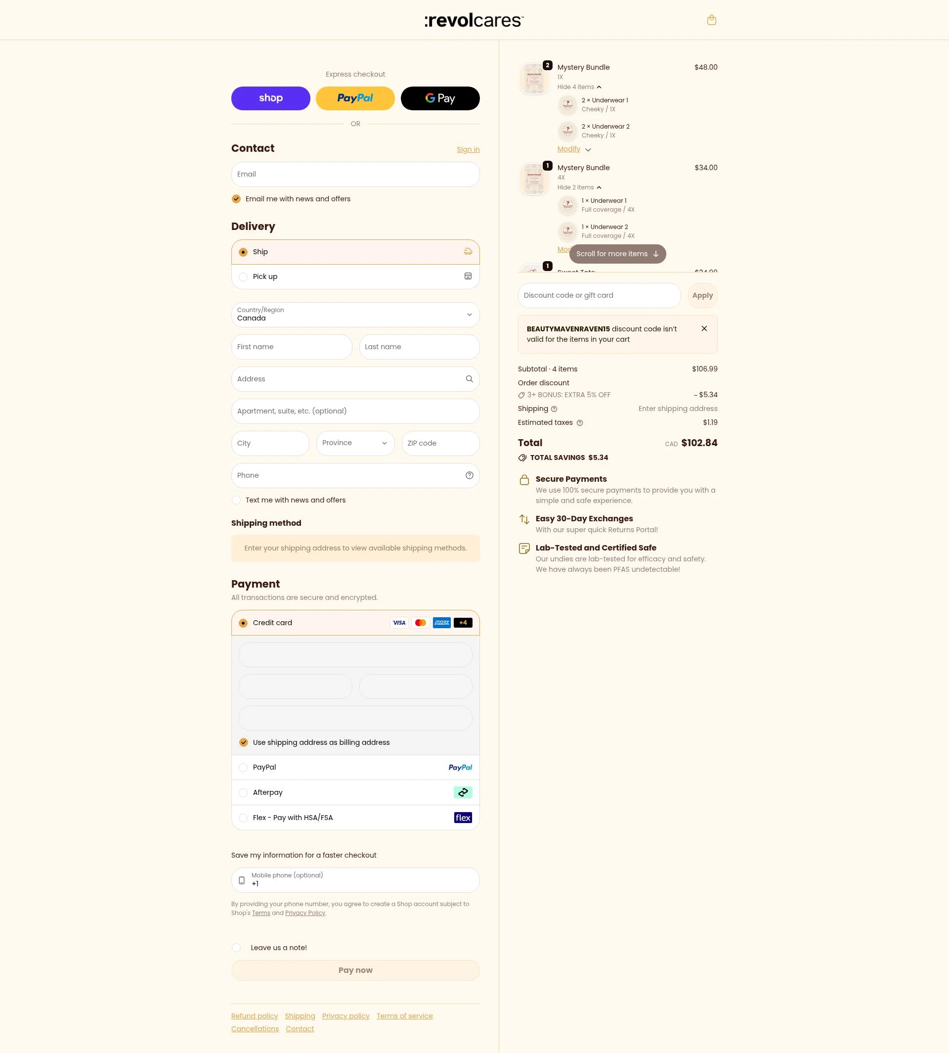Revol Cares checkout page showing Revol Cares discount code box | Screenshot taken by SimplyCodes community member on Feb 19, 2026