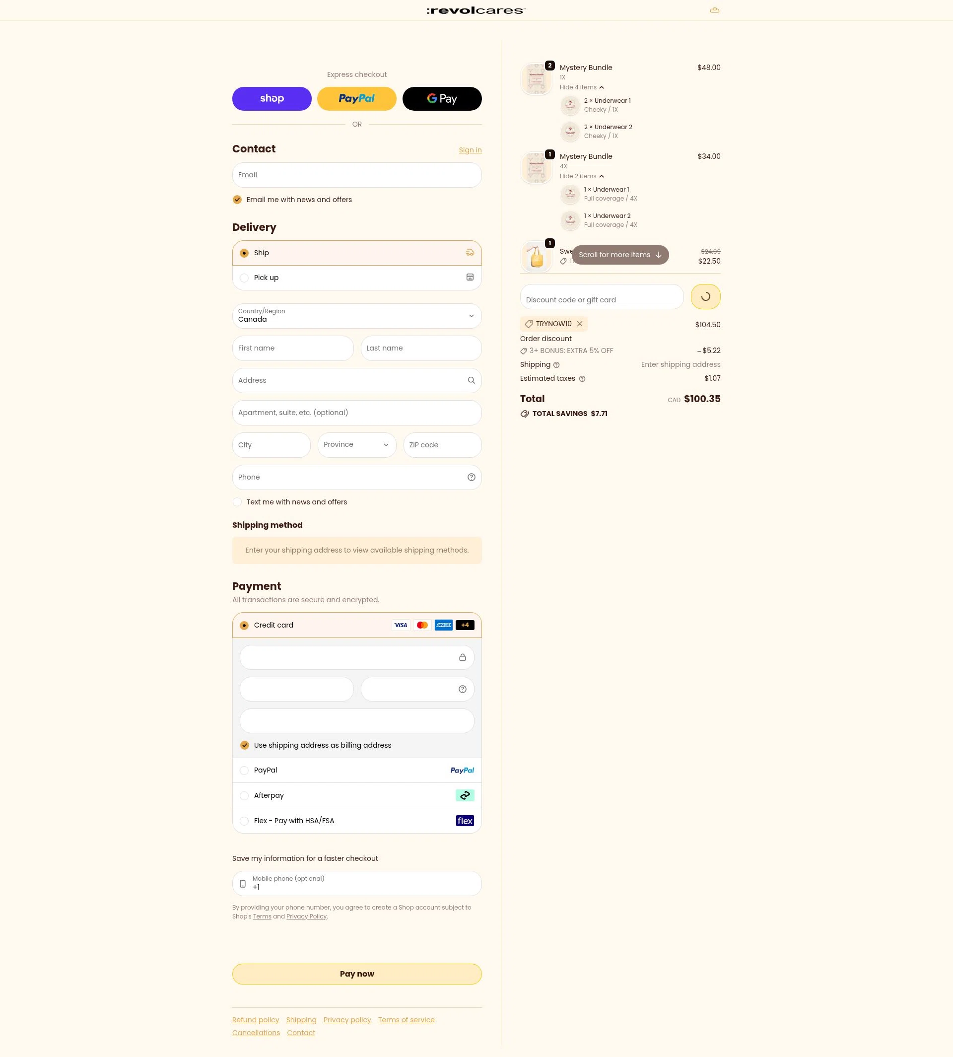 Revol Cares checkout page showing Revol Cares discount code box | Screenshot taken by SimplyCodes community member on Feb 19, 2026