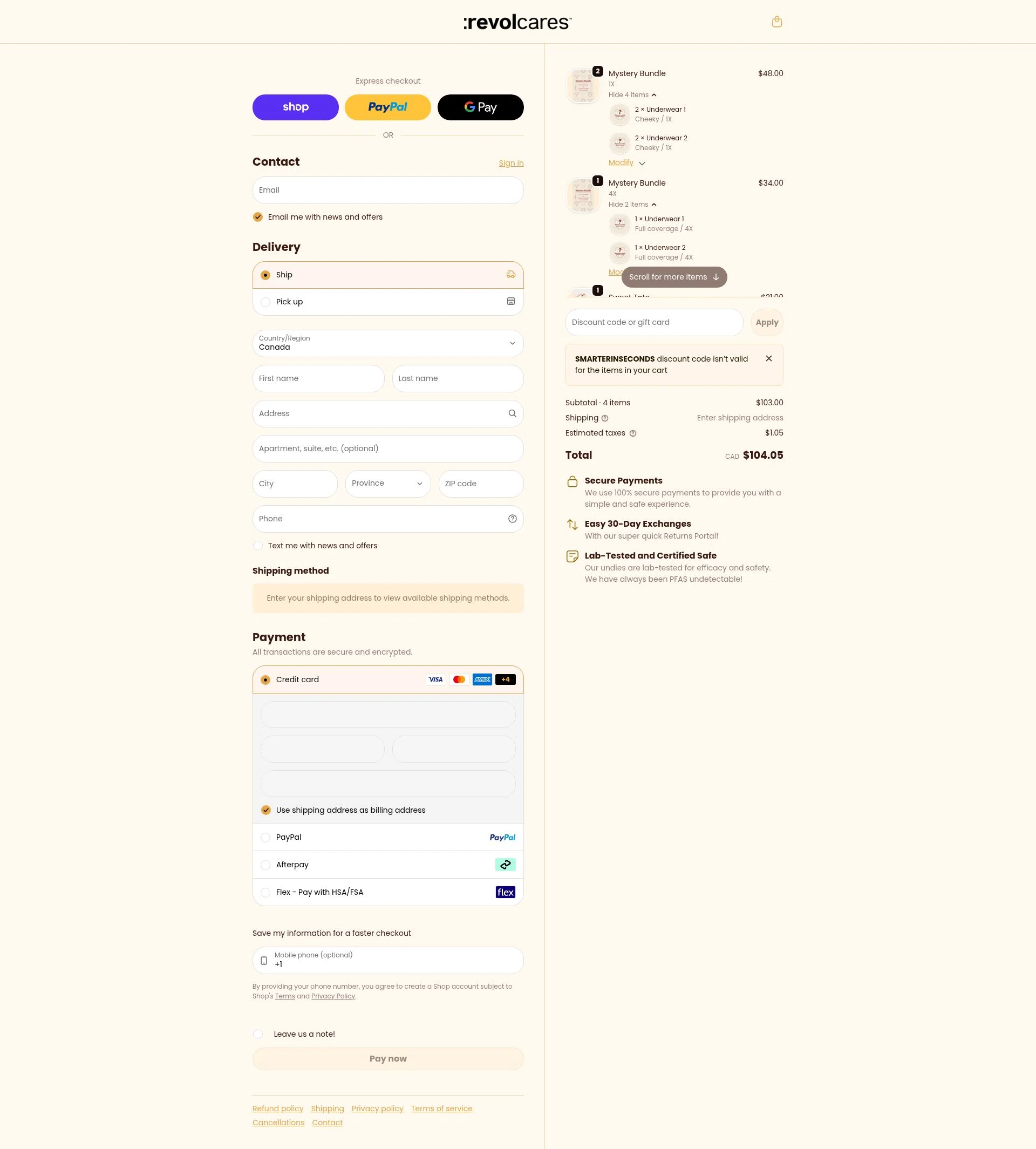 Revol Cares checkout page showing Revol Cares discount code box | Screenshot taken by SimplyCodes community member on Feb 16, 2026