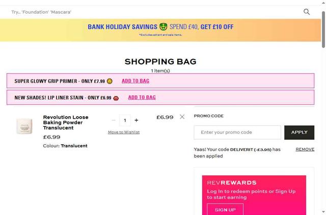 Revolution Beauty checkout page showing Revolution Beauty discount code box | Screenshot taken by SimplyCodes community member on Aug 22, 2025