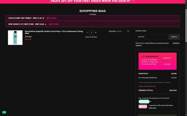Revolution Beauty checkout page showing Revolution Beauty discount code box | Screenshot taken by SimplyCodes community member on Aug 15, 2025