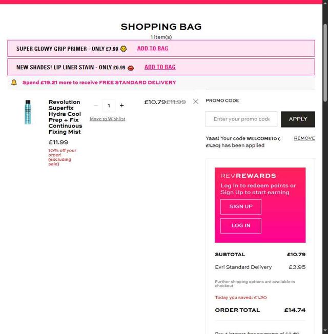 Revolution Beauty checkout page showing Revolution Beauty discount code box | Screenshot taken by SimplyCodes community member on Aug 16, 2025