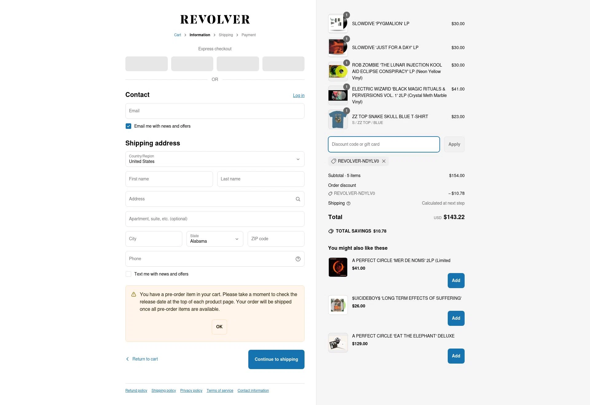 Revolver Magazine checkout page showing Revolver Magazine discount code box | Screenshot taken by SimplyCodes community member on May 3, 2025
