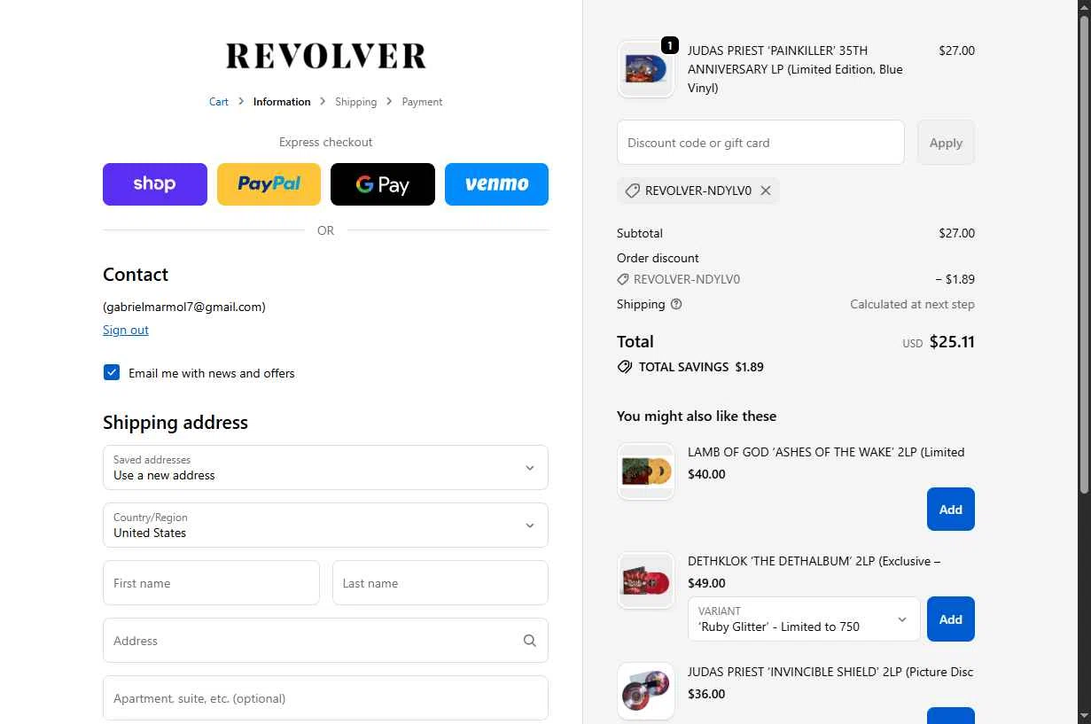 Revolver Magazine checkout page showing Revolver Magazine discount code box | Screenshot taken by SimplyCodes community member on Oct 10, 2025