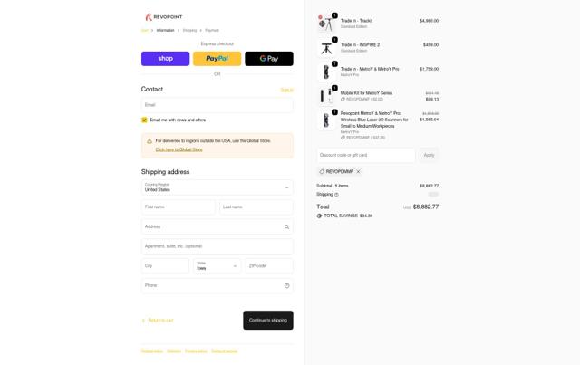 Revopoint 3D US checkout page showing Revopoint 3D US promo code box | Screenshot taken by SimplyCodes community member on Oct 6, 2025