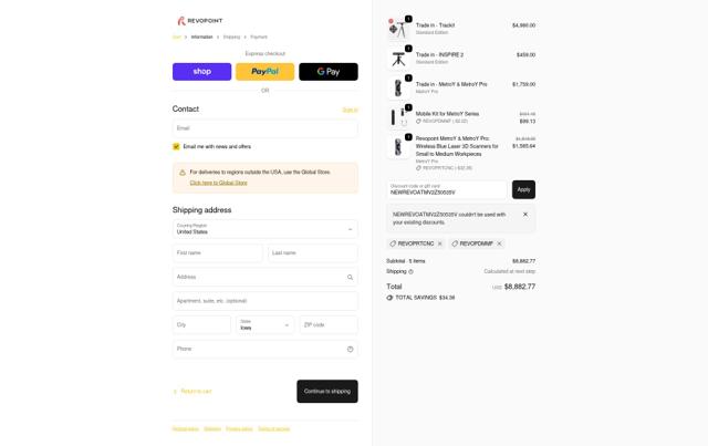 Revopoint 3D US checkout page showing Revopoint 3D US promo code box | Screenshot taken by SimplyCodes community member on Oct 6, 2025