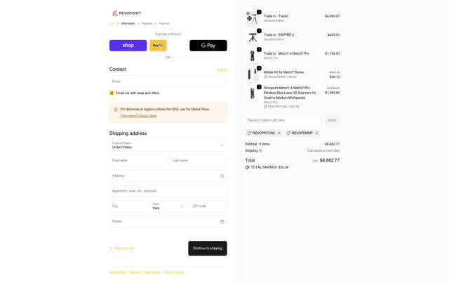 Revopoint 3D US checkout page showing Revopoint 3D US promo code box | Screenshot taken by SimplyCodes community member on Oct 6, 2025