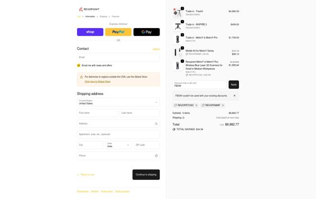 Revopoint 3D US checkout page showing Revopoint 3D US promo code box | Screenshot taken by SimplyCodes community member on Oct 6, 2025