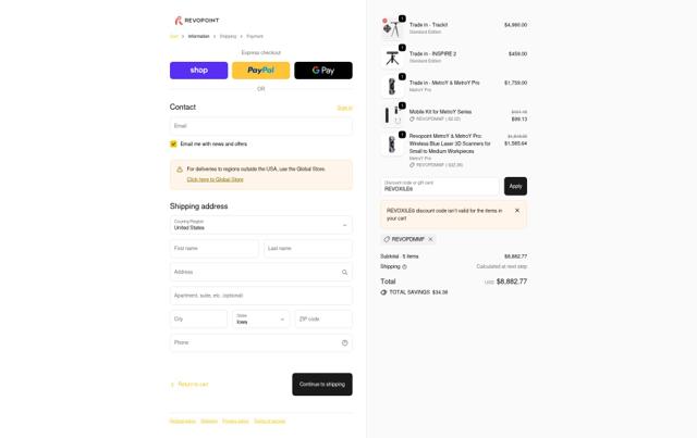 Revopoint 3D US checkout page showing Revopoint 3D US promo code box | Screenshot taken by SimplyCodes community member on Oct 6, 2025