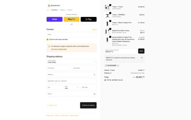 Revopoint 3D US checkout page showing Revopoint 3D US promo code box | Screenshot taken by SimplyCodes community member on Oct 6, 2025