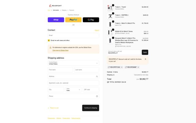 Revopoint 3D US checkout page showing Revopoint 3D US promo code box | Screenshot taken by SimplyCodes community member on Oct 6, 2025