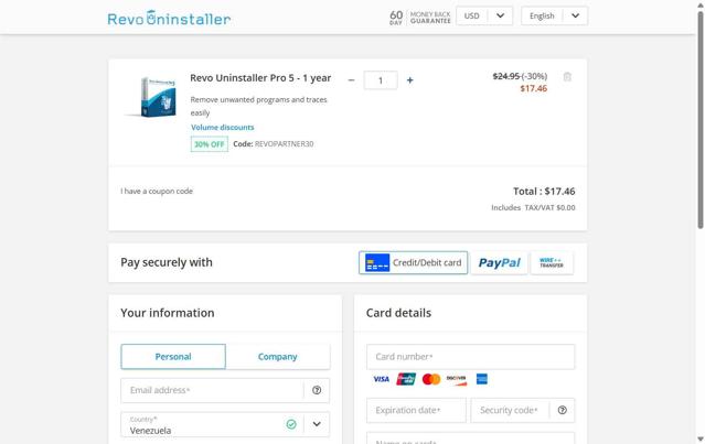 Revo Uninstaller checkout page showing Revo Uninstaller discount code box | Screenshot taken by SimplyCodes community member on May 22, 2025