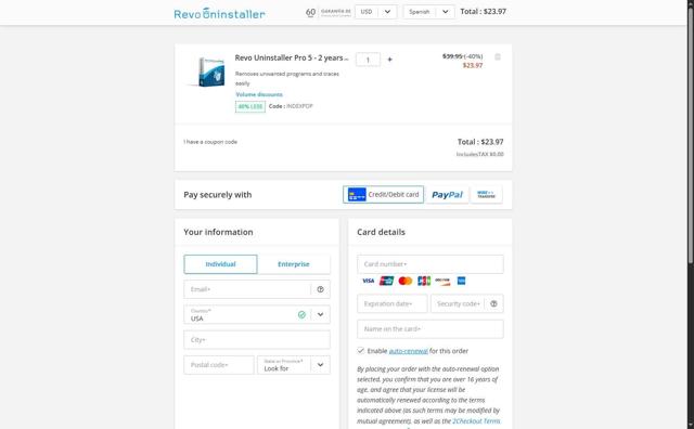 Revo Uninstaller checkout page showing Revo Uninstaller discount code box | Screenshot taken by SimplyCodes community member on Jun 1, 2025
