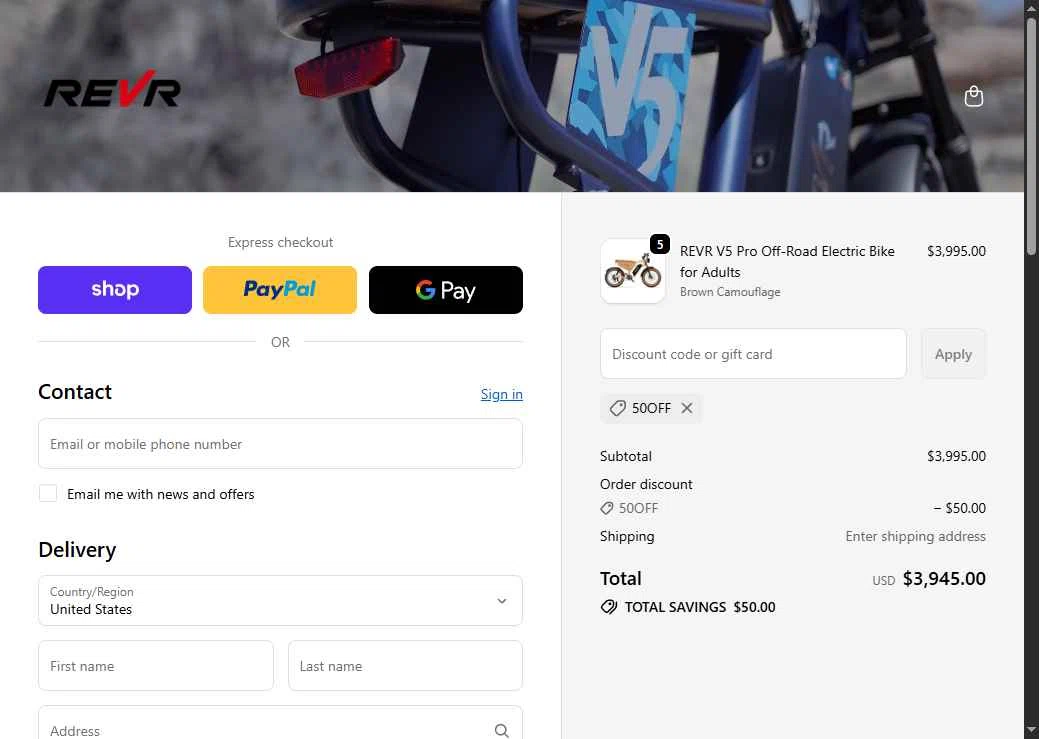 REVR checkout page showing REVR promo code box | Screenshot taken by SimplyCodes community member on Oct 13, 2025