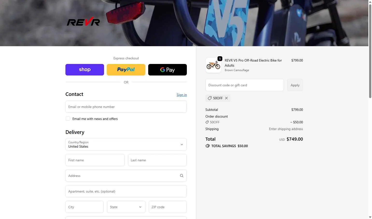 REVR checkout page showing REVR promo code box | Screenshot taken by SimplyCodes community member on Oct 13, 2025