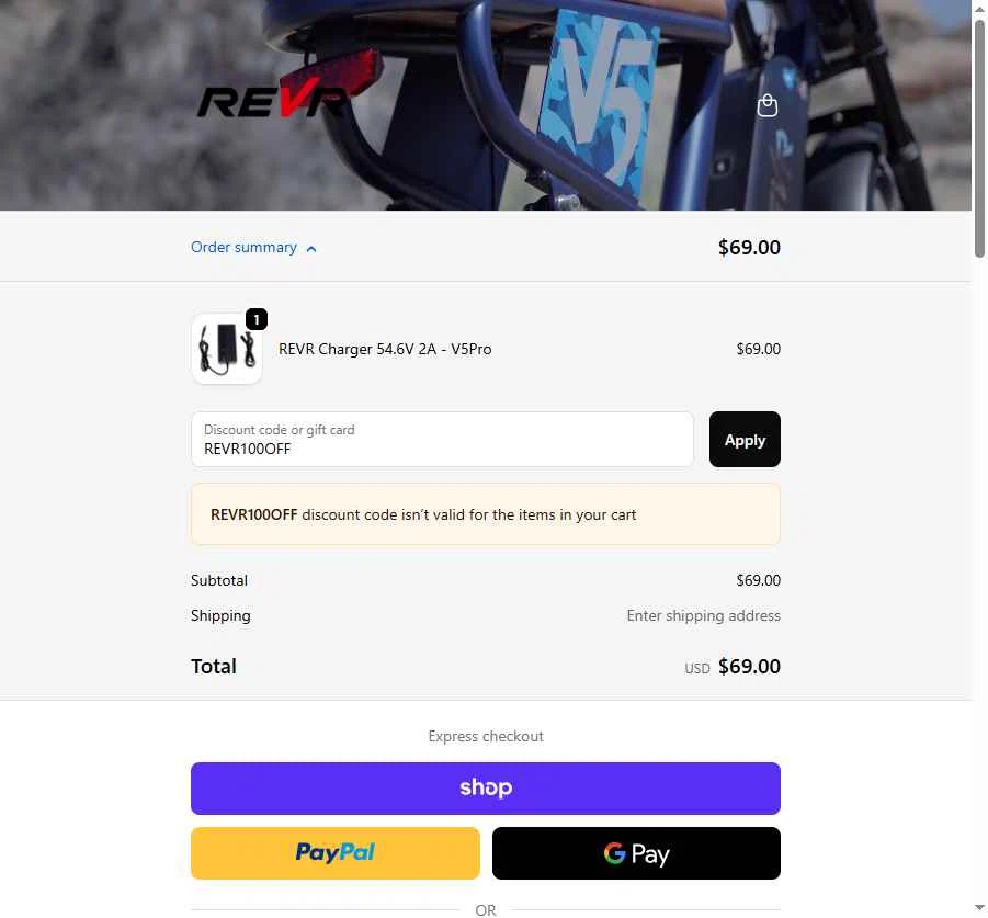 REVR checkout page showing REVR promo code box | Screenshot taken by SimplyCodes community member on Sep 23, 2025