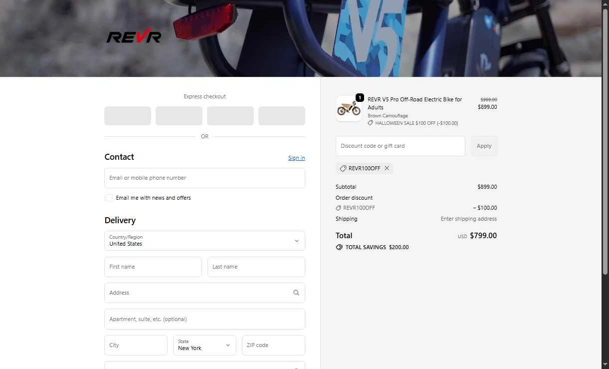 REVR checkout page showing REVR promo code box | Screenshot taken by SimplyCodes community member on Oct 22, 2025
